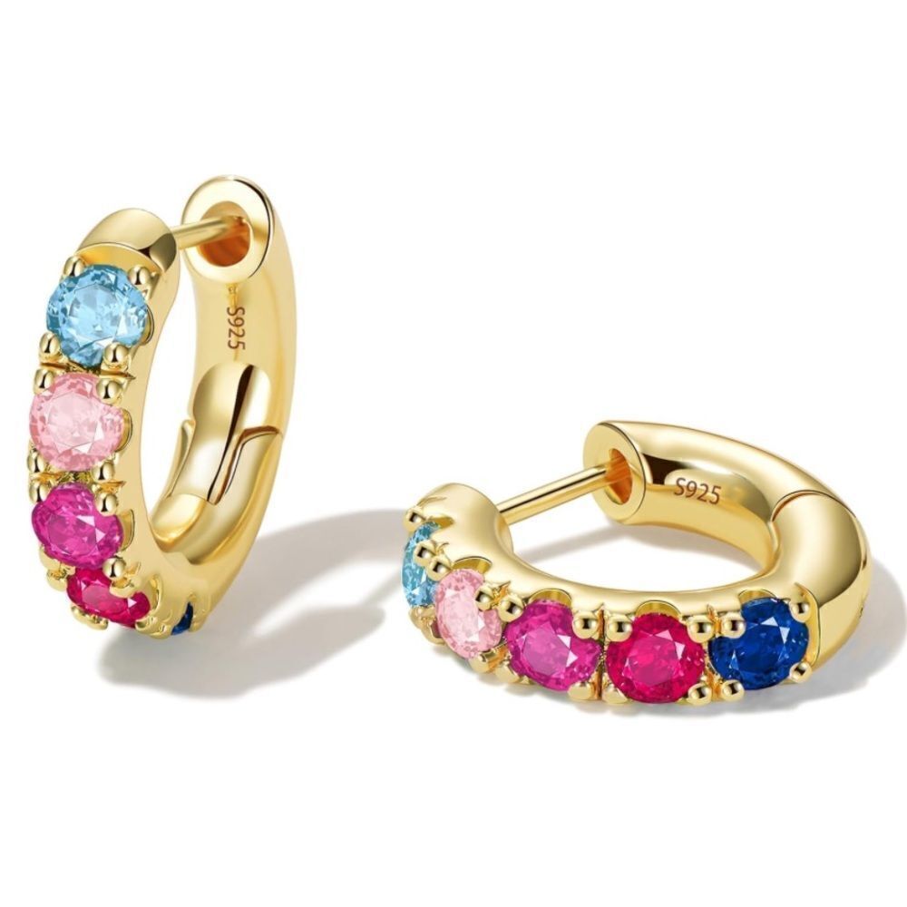 14K Yellow Gold Sterling Silver and Multicolor Cubic Zirconia Huggie Earrings